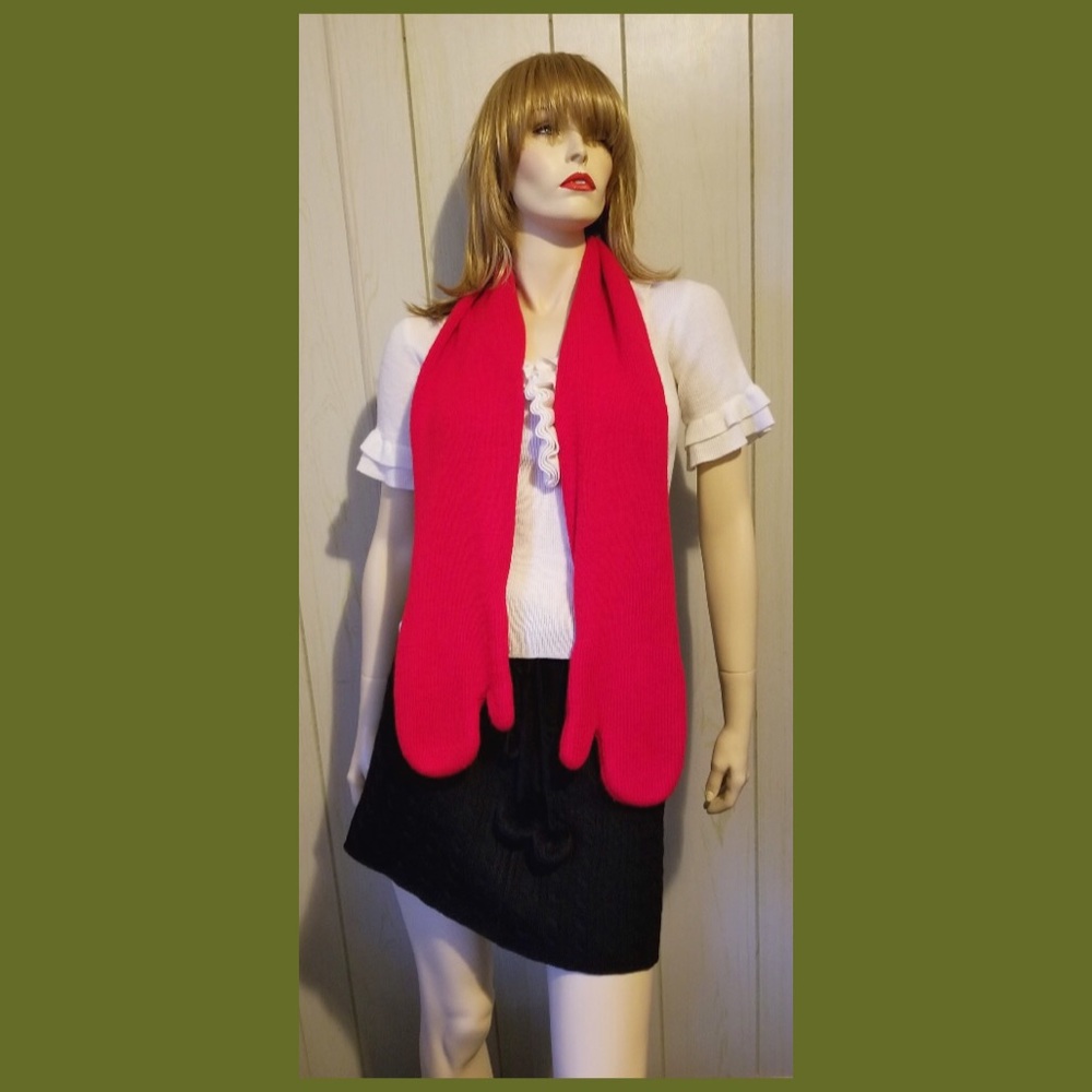♥️Vintage Bright Red Soft Acrylic Knit Mitten Scarf